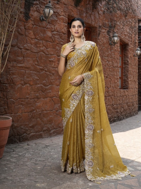 Pure Fancy Silk Wedding wear Saree In Mustard Color With Embroidery Work