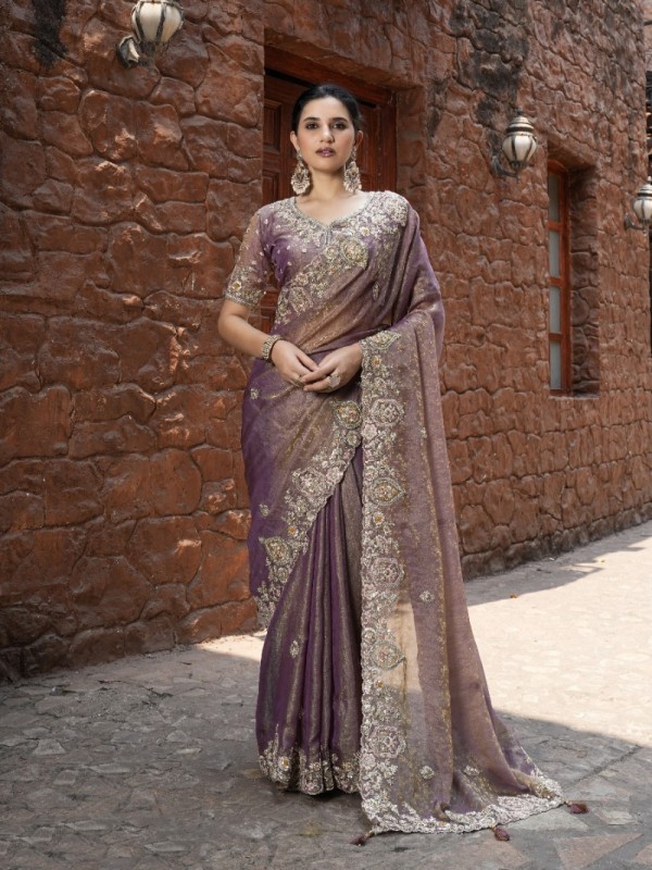 Pure Fancy Silk Wedding wear Saree In Purple Color With Embroidery Work