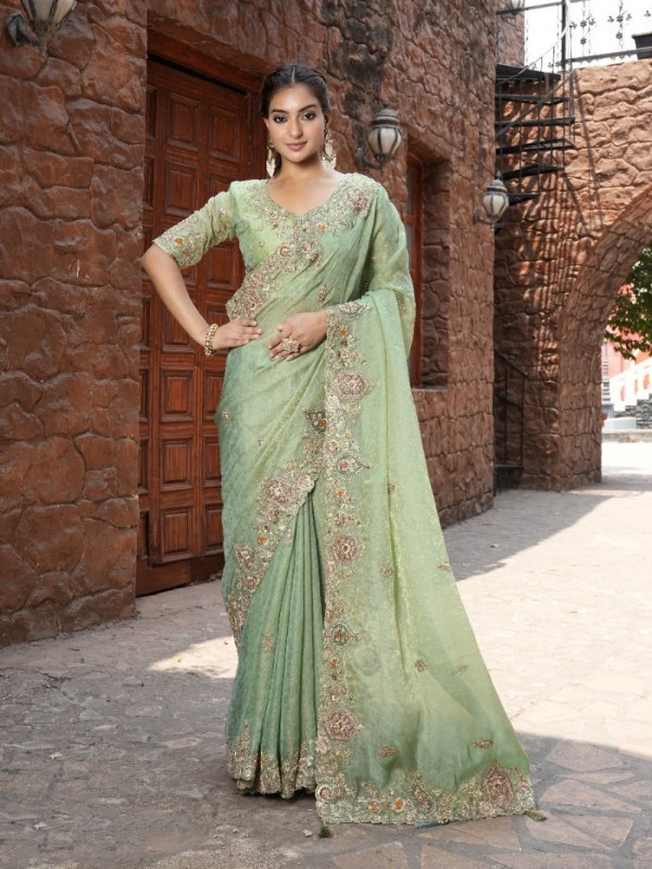 Pure Fancy Silk Wedding wear Saree In Pista Color With Embroidery Work