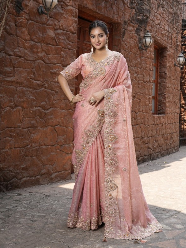 Pure Fancy Silk Wedding wear Saree In Pink Color With Embroidery Work