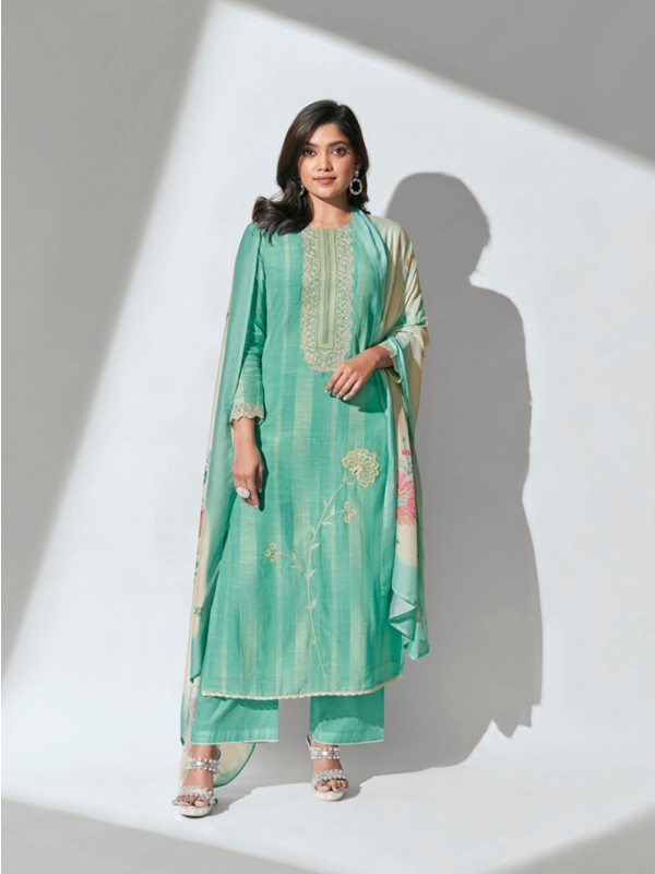 Muslin Silk Party Wear  Suit  in Turquoise Color with  Embroidery Work