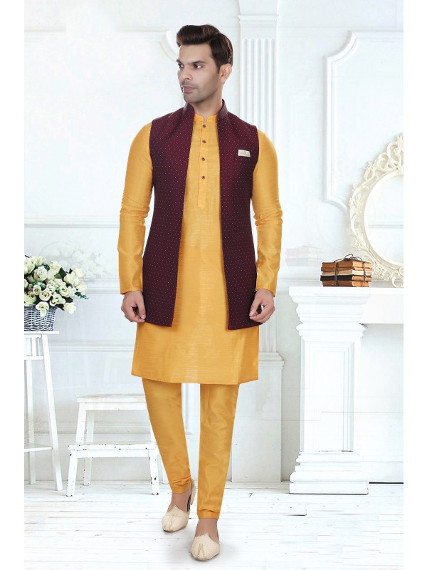 Art Silk Function Wear Heavy Readymade Men's Kurta Paijama With Jacket 