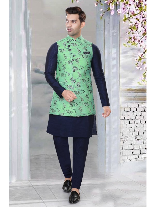 Art Silk Function Wear Heavy Readymade Men's Kurta Paijama With Jacket 