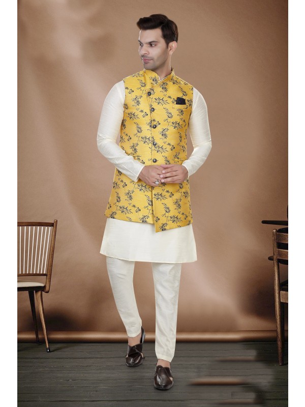 Art Silk Function Wear Heavy Readymade Men's Kurta Paijama With Jacket 