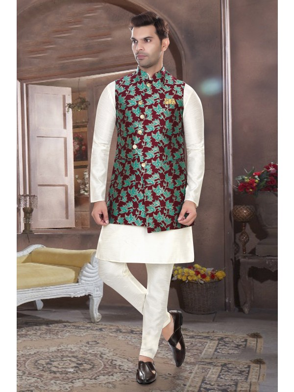 Art Silk Function Wear Heavy Readymade Men's Kurta Paijama With Jacket 