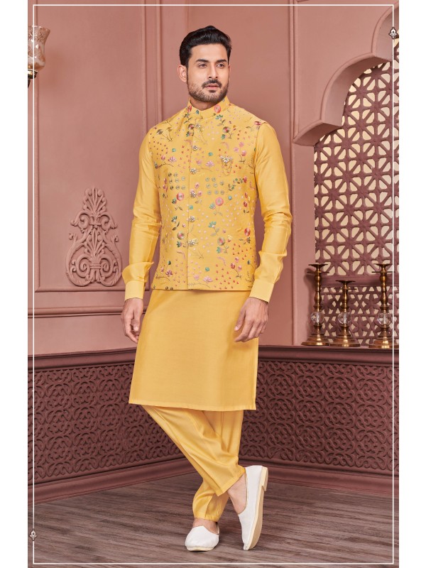 Art Embroidered Banarasi Silk Function Wear Heavy Readymade Men's Kurta Paijama With Jacket 