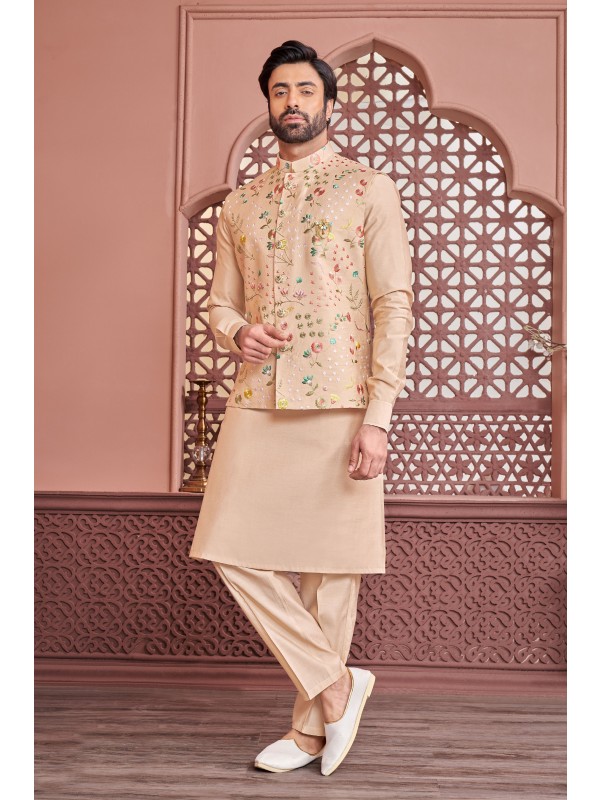 Art Embroidered Banarasi Silk Function Wear Heavy Readymade Men's Kurta Paijama With Jacket 
