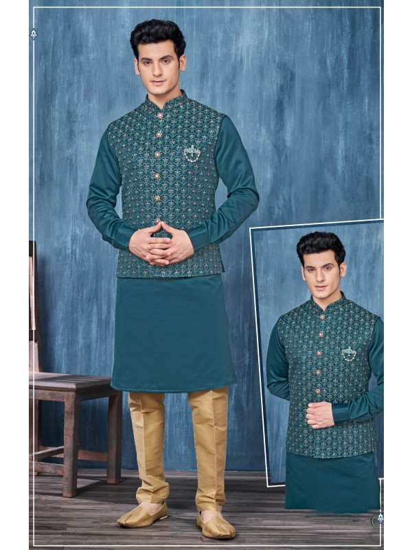 Art Embroidered Banarasi Silk Function Wear Heavy Readymade Men's Kurta Paijama With Jacket 