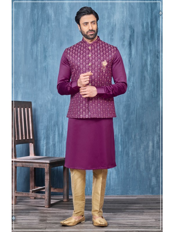 Art Embroidered Banarasi Silk Function Wear Heavy Readymade Men's Kurta Paijama With Jacket 