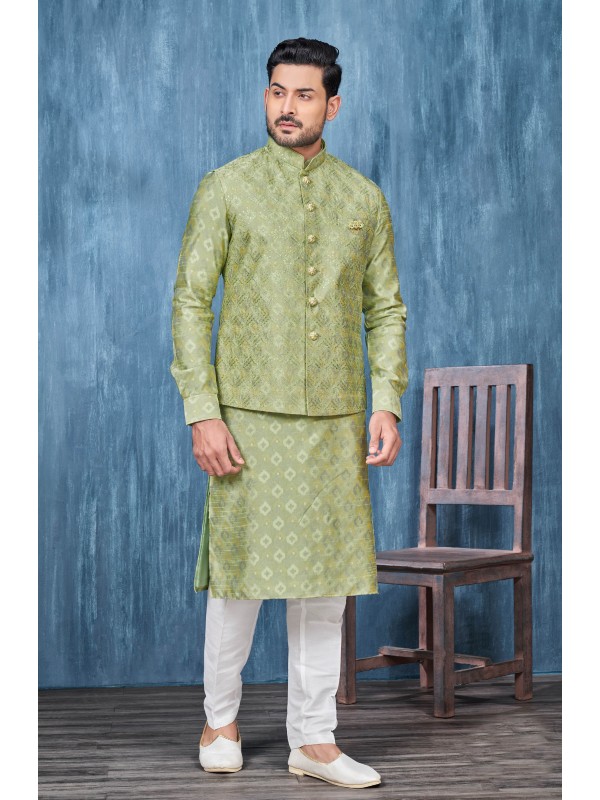 Digital Print Silk Function Wear Heavy Readymade Men's Kurta Paijama With Jacket 