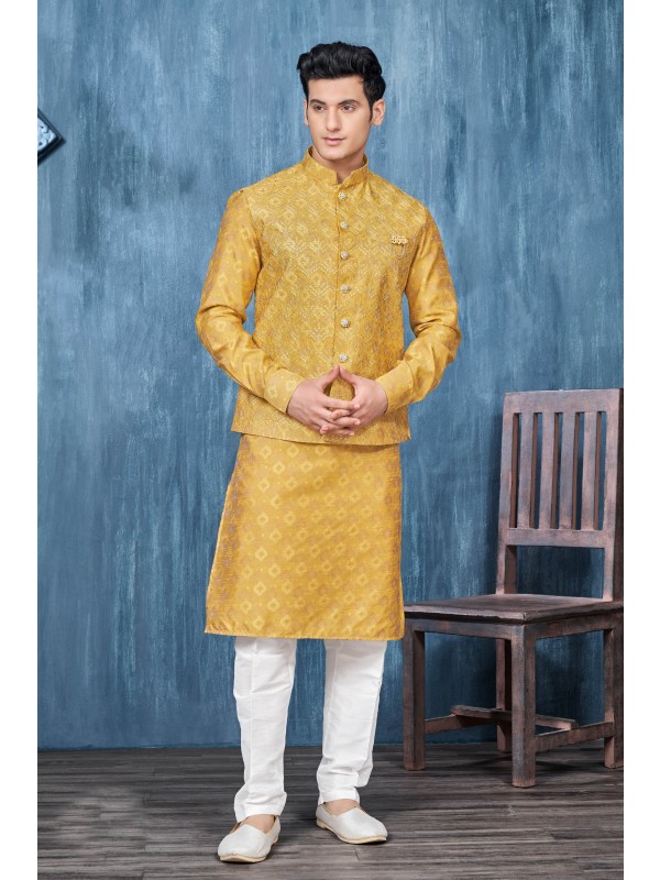 Digital Print Silk Function Wear Heavy Readymade Men's Kurta Paijama With Jacket 