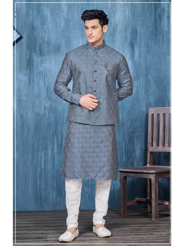 Digital Print Silk Function Wear Heavy Readymade Men's Kurta Paijama With Jacket 
