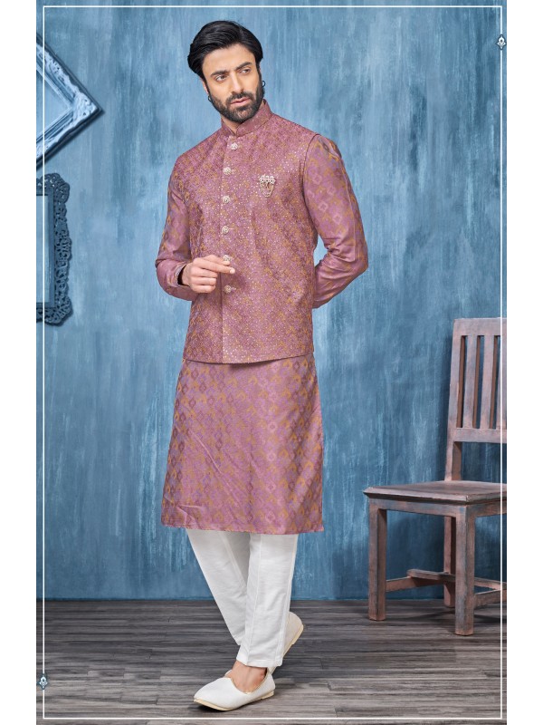 Digital Print Silk Function Wear Heavy Readymade Men's Kurta Paijama With Jacket 