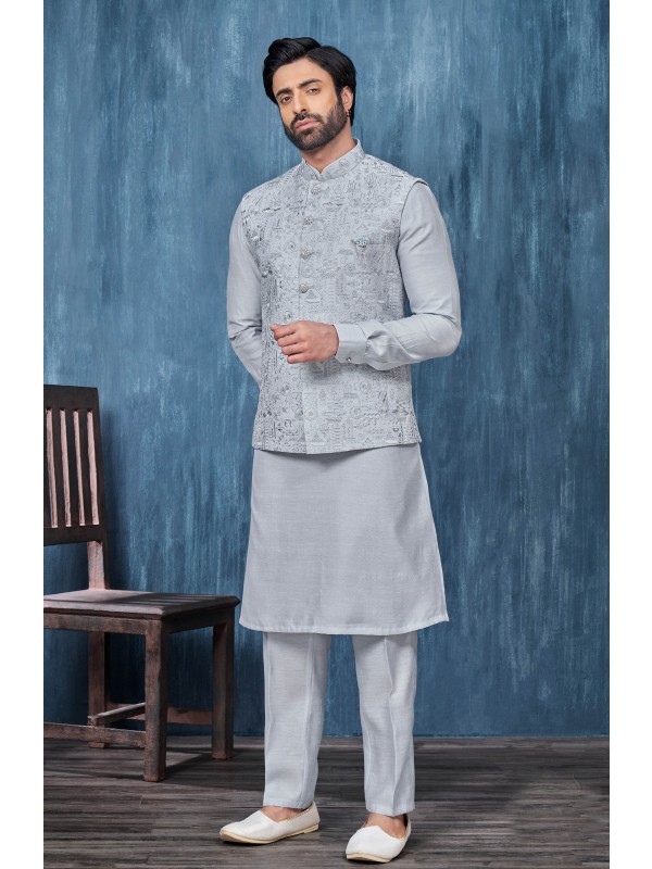 Art Embroidered Banarasi Silk Function Wear Heavy Readymade Men's Kurta Paijama With Jacket 