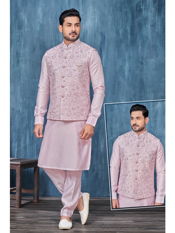 Art Embroidered Banarasi Silk Function Wear Heavy Readymade Men's Kurta Paijama With Jacket 