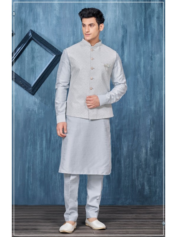 Art Embroidered Banarasi Silk Function Wear Heavy Readymade Men's Kurta Paijama With Jacket 