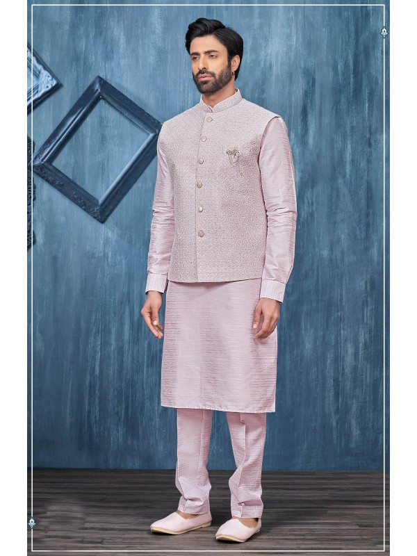 Art Embroidered Banarasi Silk Function Wear Heavy Readymade Men's Kurta Paijama With Jacket 