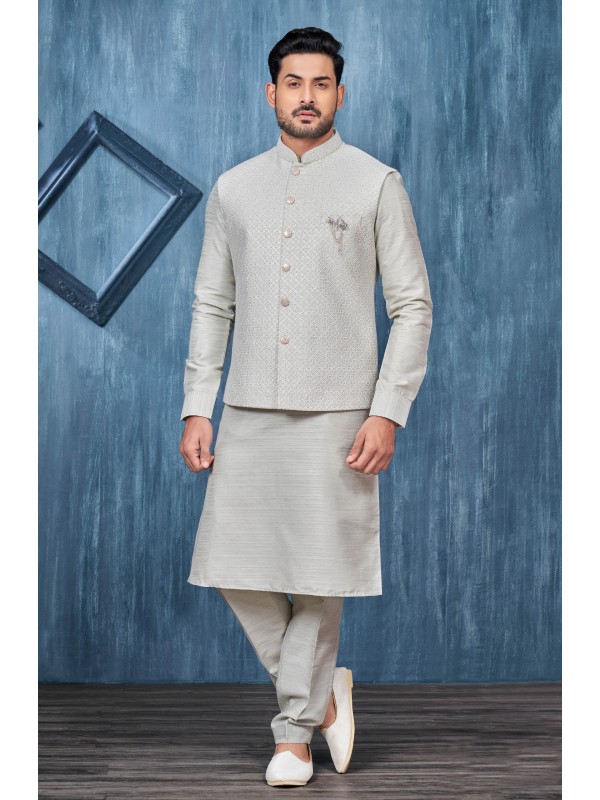 Art Embroidered Banarasi Silk Function Wear Heavy Readymade Men's Kurta Paijama With Jacket 