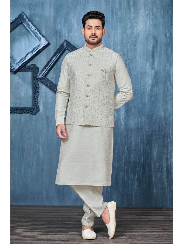 Art Embroidered Banarasi Silk Function Wear Heavy Readymade Men's Kurta Paijama With Jacket 