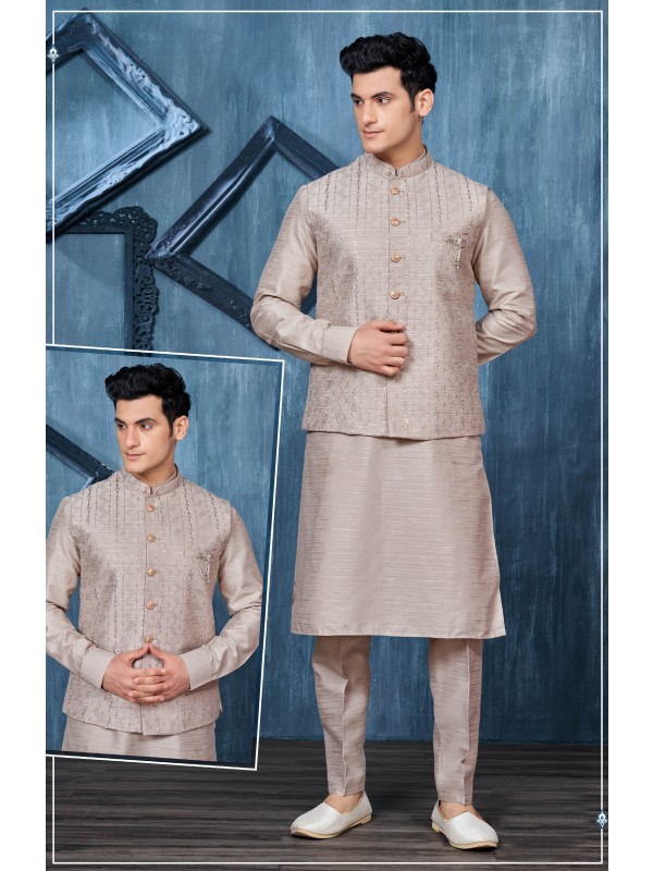 Art Embroidered Banarasi Silk Function Wear Heavy Readymade Men's Kurta Paijama With Jacket 