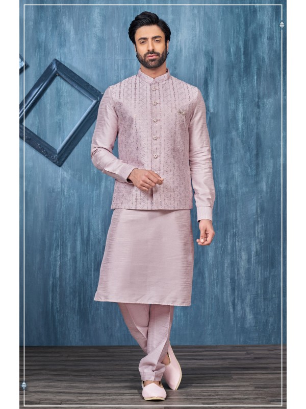 Art Embroidered Banarasi Silk Function Wear Heavy Readymade Men's Kurta Paijama With Jacket 