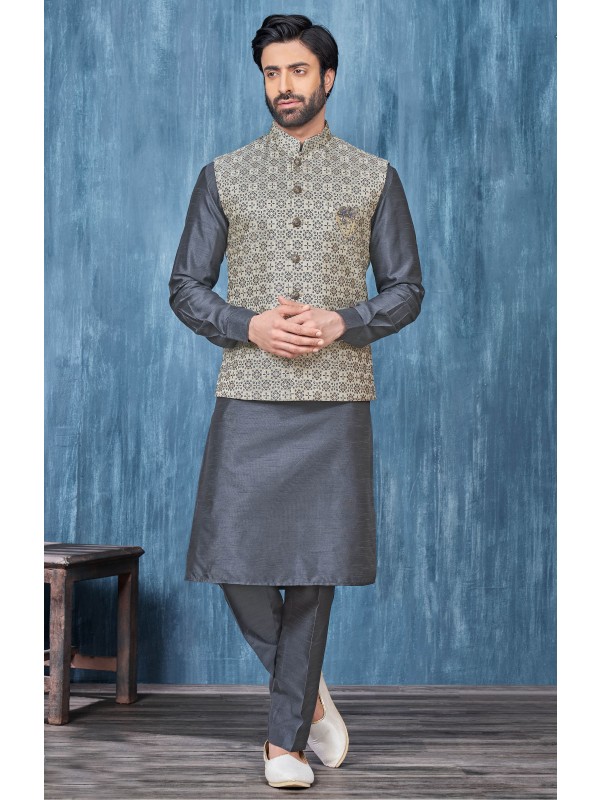 Jacquard Silk Function Wear Heavy Readymade Men's Kurta Paijama With Jacket 