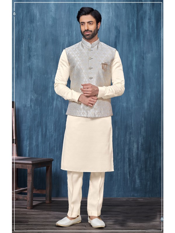 Jacquard Silk Function Wear Heavy Readymade Men's Kurta Paijama With Jacket 
