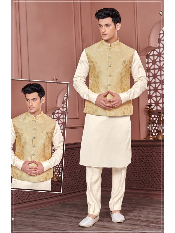 Jacquard Silk Function Wear Heavy Readymade Men's Kurta Paijama With Jacket 