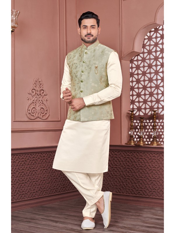 Jacquard Silk Function Wear Heavy Readymade Men's Kurta Paijama With Jacket 