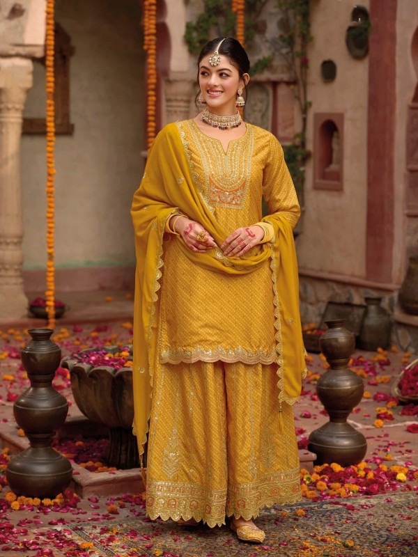 Pure Chinon Silk Party Wear Sharara in Mustard Color with Embroidery Work