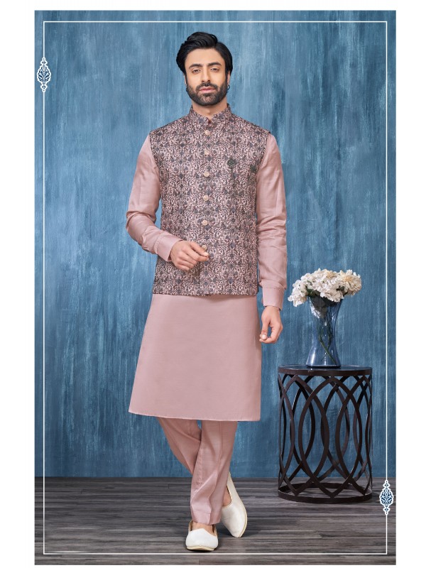 Art Embroidered Banarasi Silk Function Wear Heavy Readymade Men's Kurta Paijama With Jacket 