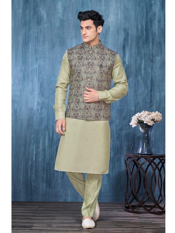 Art Embroidered Banarasi Silk Function Wear Heavy Readymade Men's Kurta Paijama With Jacket 