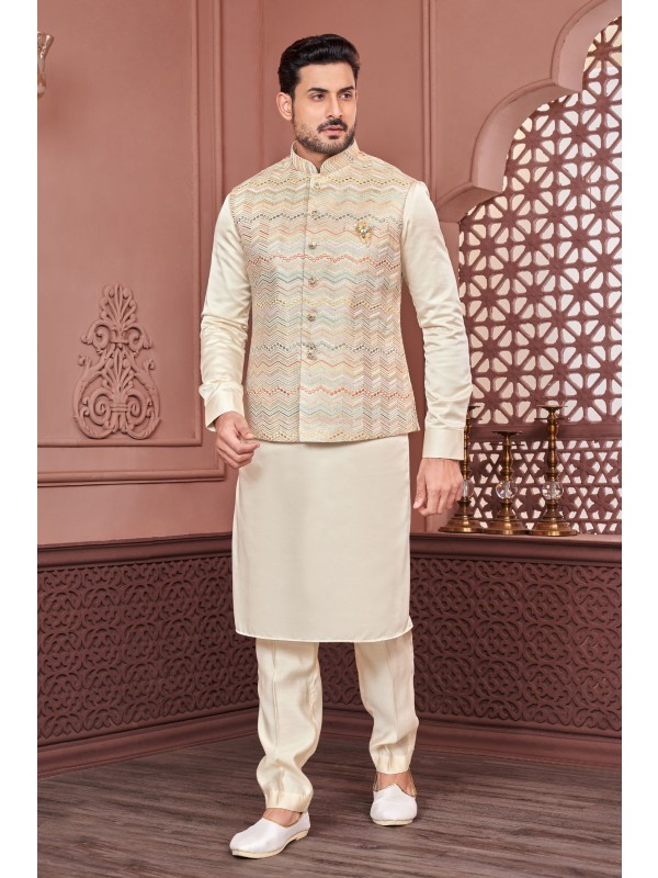 Art Embroidered Banarasi Silk Function Wear Heavy Readymade Men's Kurta Paijama With Jacket 