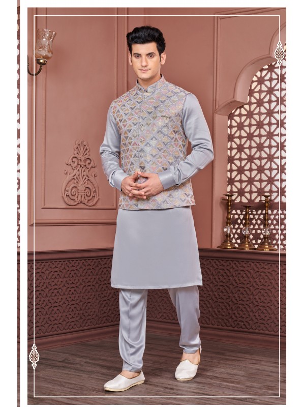 Art Embroidered Banarasi Silk Function Wear Heavy Readymade Men's Kurta Paijama With Jacket 