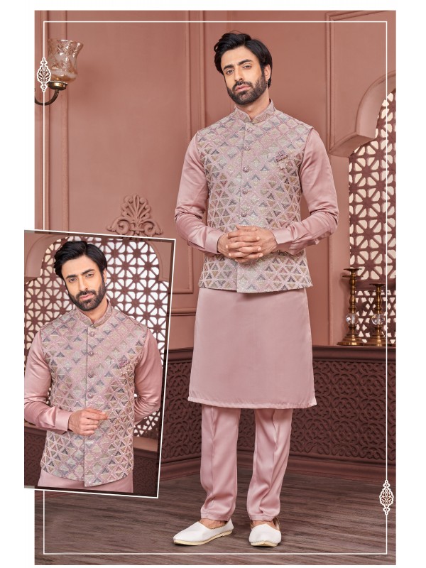Art Embroidered Banarasi Silk Function Wear Heavy Readymade Men's Kurta Paijama With Jacket 