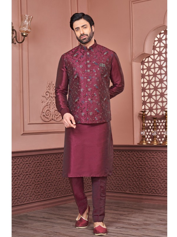 Art Embroidered Banarasi Silk Function Wear Heavy Readymade Men's Kurta Paijama With Jacket 