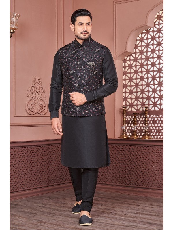 Art Embroidered Banarasi Silk Function Wear Heavy Readymade Men's Kurta Paijama With Jacket 