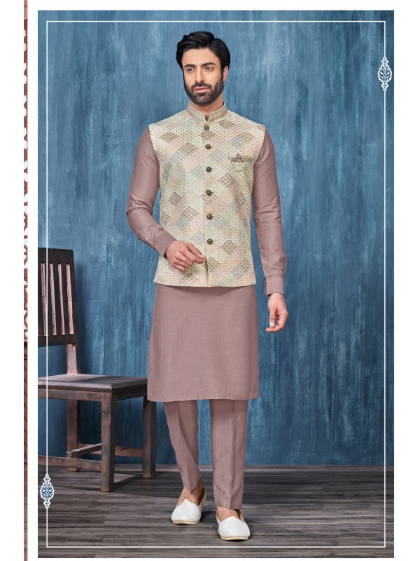 Art Embroidered Banarasi Silk Function Wear Heavy Readymade Men's Kurta Paijama With Jacket 