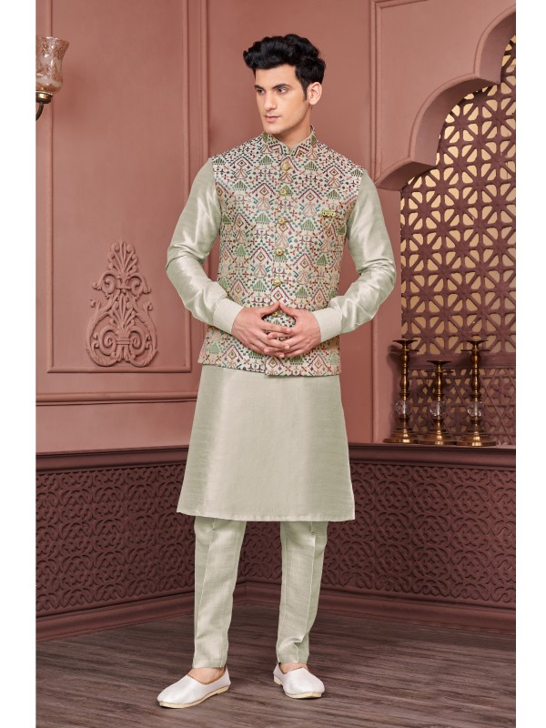 Art Embroidered Banarasi Silk Function Wear Heavy Readymade Men's Kurta Paijama With Jacket 