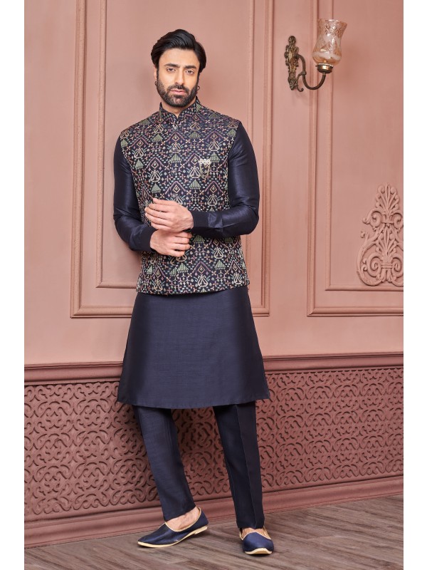 Art Embroidered Banarasi Silk Function Wear Heavy Readymade Men's Kurta Paijama With Jacket 