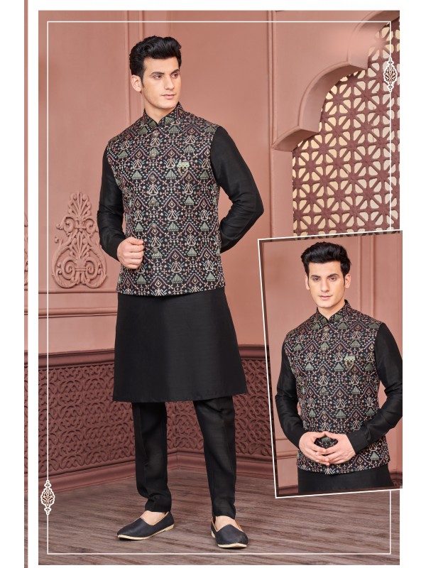 Art Embroidered Banarasi Silk Function Wear Heavy Readymade Men's Kurta Paijama With Jacket 