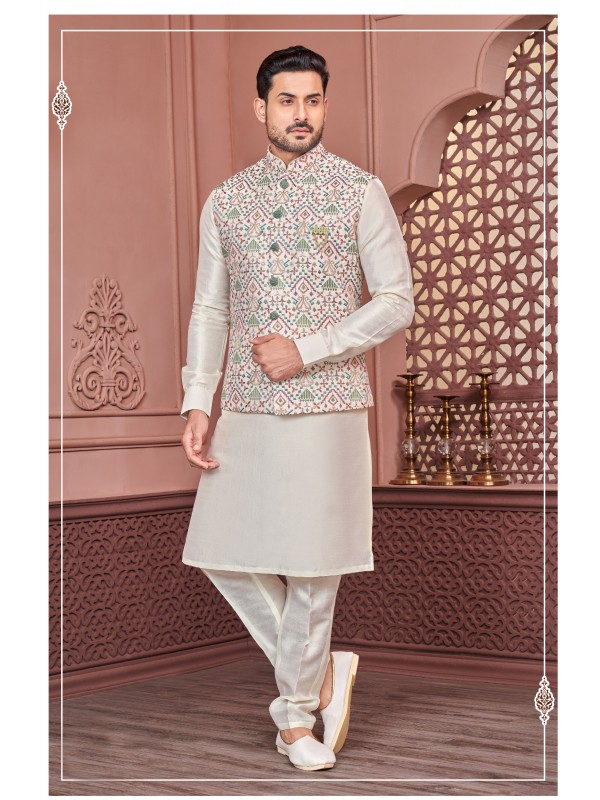 Art Embroidered Banarasi Silk Function Wear Heavy Readymade Men's Kurta Paijama With Jacket 