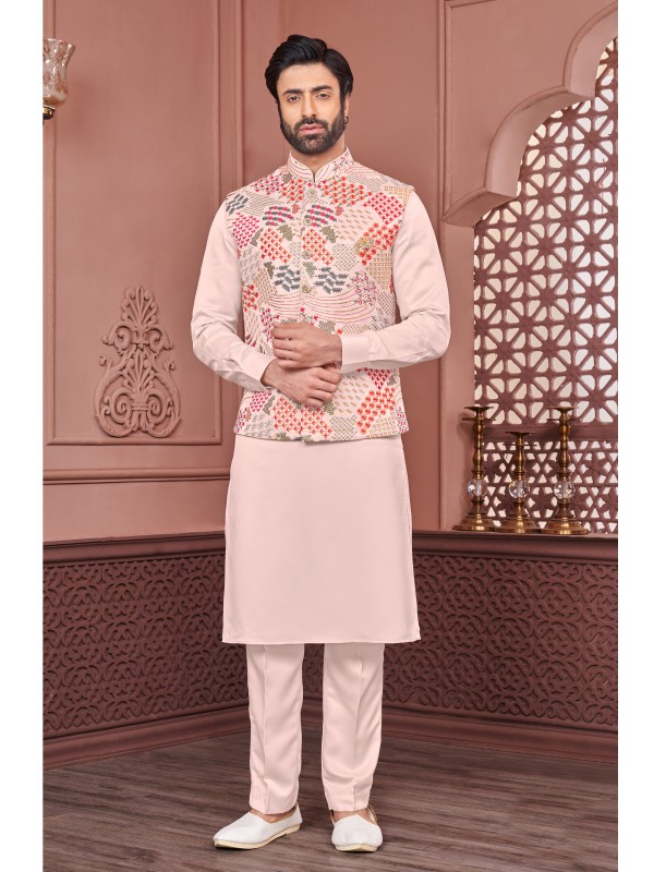 Art Embroidered Banarasi Silk Function Wear Heavy Readymade Men's Kurta Paijama With Jacket 
