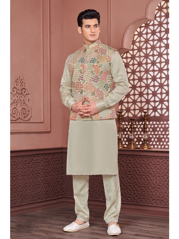 Art Embroidered Banarasi Silk Function Wear Heavy Readymade Men's Kurta Paijama With Jacket 