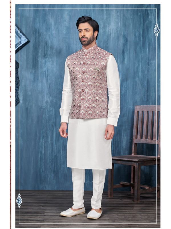Art Embroidered Banarasi Silk Function Wear Heavy Readymade Men's Kurta Paijama With Jacket 