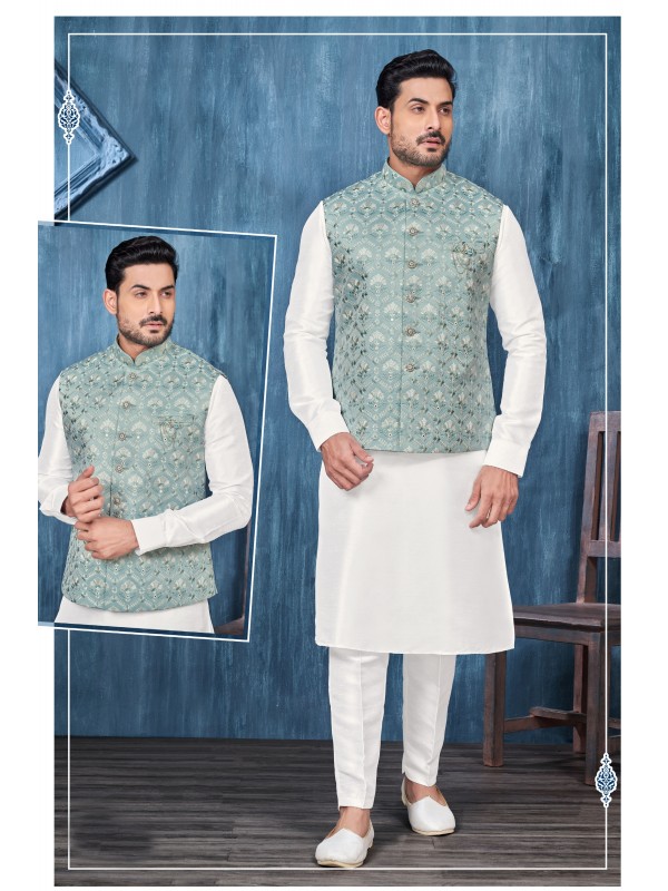 Art Embroidered Banarasi Silk Function Wear Heavy Readymade Men's Kurta Paijama With Jacket 