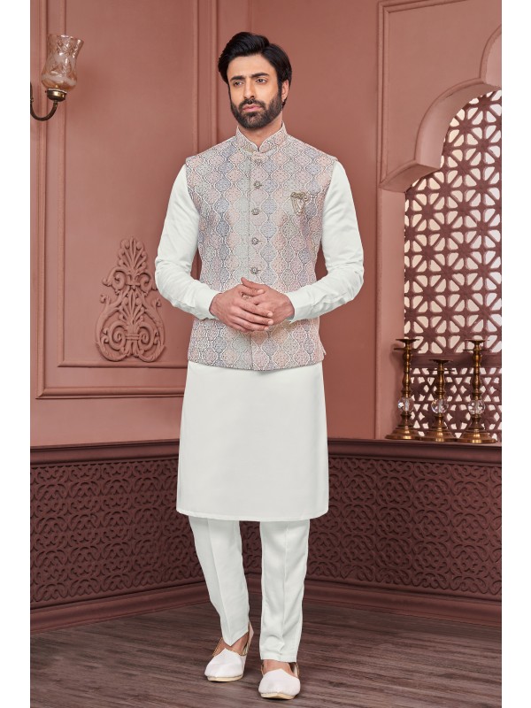 Art Embroidered Banarasi Silk Function Wear Heavy Readymade Men's Kurta Paijama With Jacket 