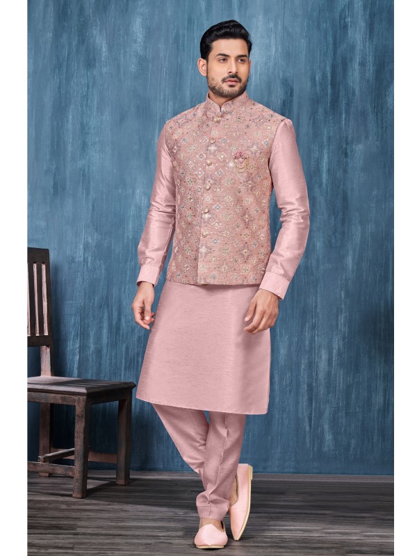 Art Embroidered Banarasi Silk Function Wear Heavy Readymade Men's Kurta Paijama With Jacket 