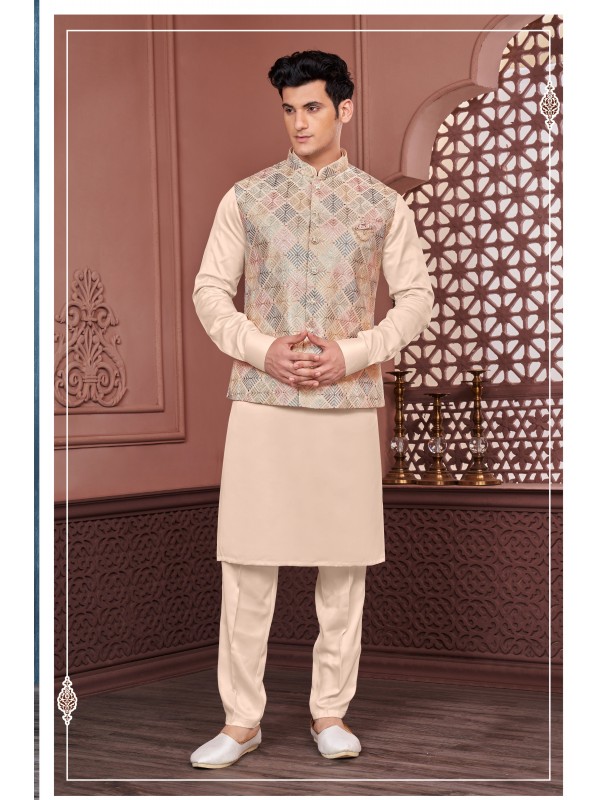 Art Embroidered Banarasi Silk Function Wear Heavy Readymade Men's Kurta Paijama With Jacket 