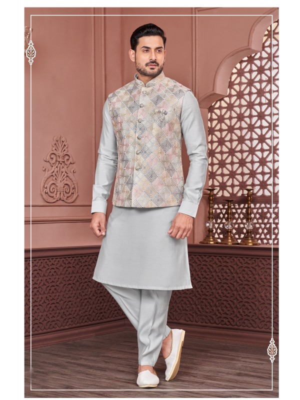 Art Embroidered Banarasi Silk Function Wear Heavy Readymade Men's Kurta Paijama With Jacket 